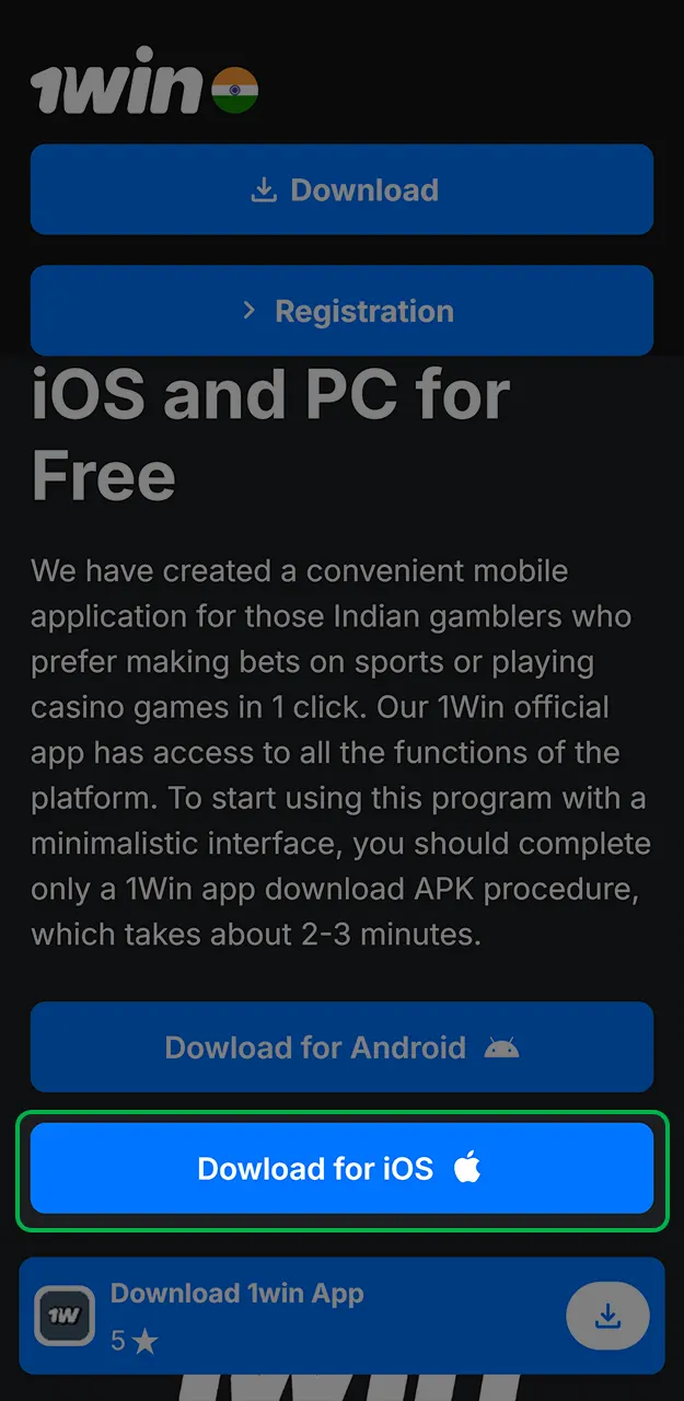 Start the process of adding the 1Win app to your iOS device.