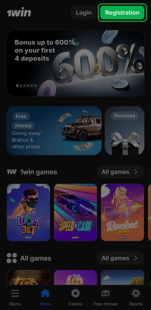 Select the sign up button to start your 1Win registration process.